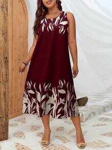 INAWLY Plus Plants Print Tunic Dress For Summer - Burgundy - View 1