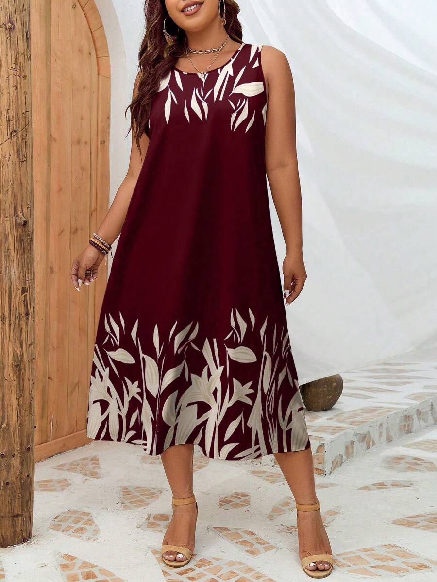 INAWLY Plus Plants Print Tunic Dress For Summer - Burgundy - View 1