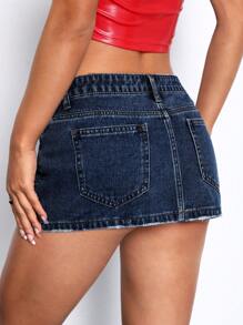 SHEIN ICON Solid Denim Skirt - Dark Wash - View 2