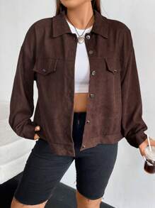 Flirla 大碼落肩袖翻蓋細節燈芯絨夾克 - 咖啡棕 - 查看 1