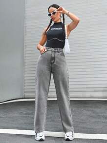 SHEIN PETITE Slant Pocket Straight Leg Jeans - Grey - View 3