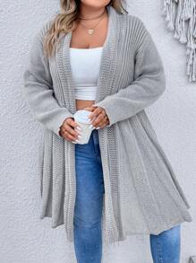 SHEIN LUNE Áo len cardigan thiết kế thường ngày màu trơn cỡ lớn - Xám - Xem 8