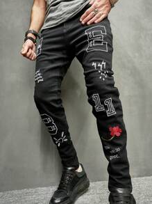 Manfinity 男士棉花卉和字母刺繡牛仔褲 - 黑色 - 查看 3