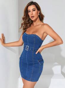 SHEIN Essnce 翻蓋口袋腰帶抹胸牛仔連衣裙 - 中等水洗藍 - 查看 5