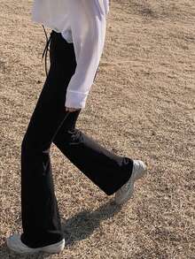 女式纯色抽绳高腰喇叭裤 - 黑色 - 查看 4