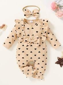 2pcs Set Casual Elegant Sweet Cute Baby Girl Autumn Outfit, Front Bow Half-Placket Ruffle Heart Print Romper And Headband