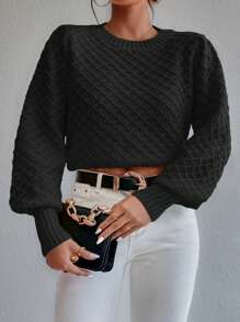 SHEIN Frenchy 菱形針織燈籠袖套頭毛衣 - 黑色 - 查看 3