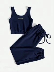 Mulvari Letter Graphic Tank Top & Sweatpants 2 Piece Set - Navy Blue - View 3