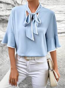 SHEIN Privé Tương phản ràng buộc Cà vạt Tay áo loe Áo sơ mi - Màu xanh lam - Xem 6