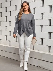 SHEIN LUNE Hơn Chất rắn Viền không đối xứng Áo thun - Màu xám đen - Xem 5