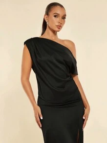 SHEIN Privé Asymmetrical Neck Ruched Satin Blouse