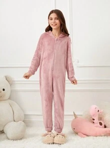 Cô gái Tween Chất rắn Dây kéo Thiết kế tai 3D áo có mũ Flannel Bộ đồ ngủ - Hồng - Xem 5