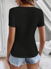 SHEIN Clasi Solid Scoop Neck Ribbed Knit Tee - Black - View 2