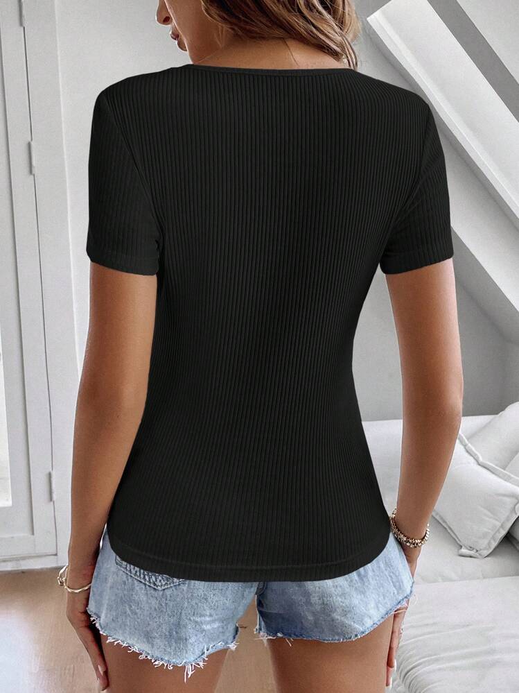SHEIN Clasi Solid Scoop Neck Ribbed Knit Tee - Black - View 2