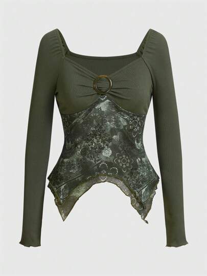 Hippie Floral Print Ring Linked Asymmetrical Hem Tee