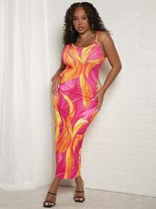 Slaydiva 大碼圖案印花吊帶緊身洋裝 - 彩色 - 查看 4