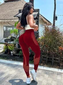 Hollow Out Wideband Waist Sports Leggings - Burgundy - View 3