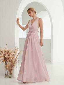 Plunging Neck Ruched Waist Chiffon Bridesmaid Dress - Pink - View 5