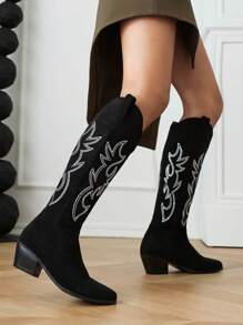 Women's High-Cut Rhinestone Western Boots High Heels, Cowboy Boots For Women - Black - View 1