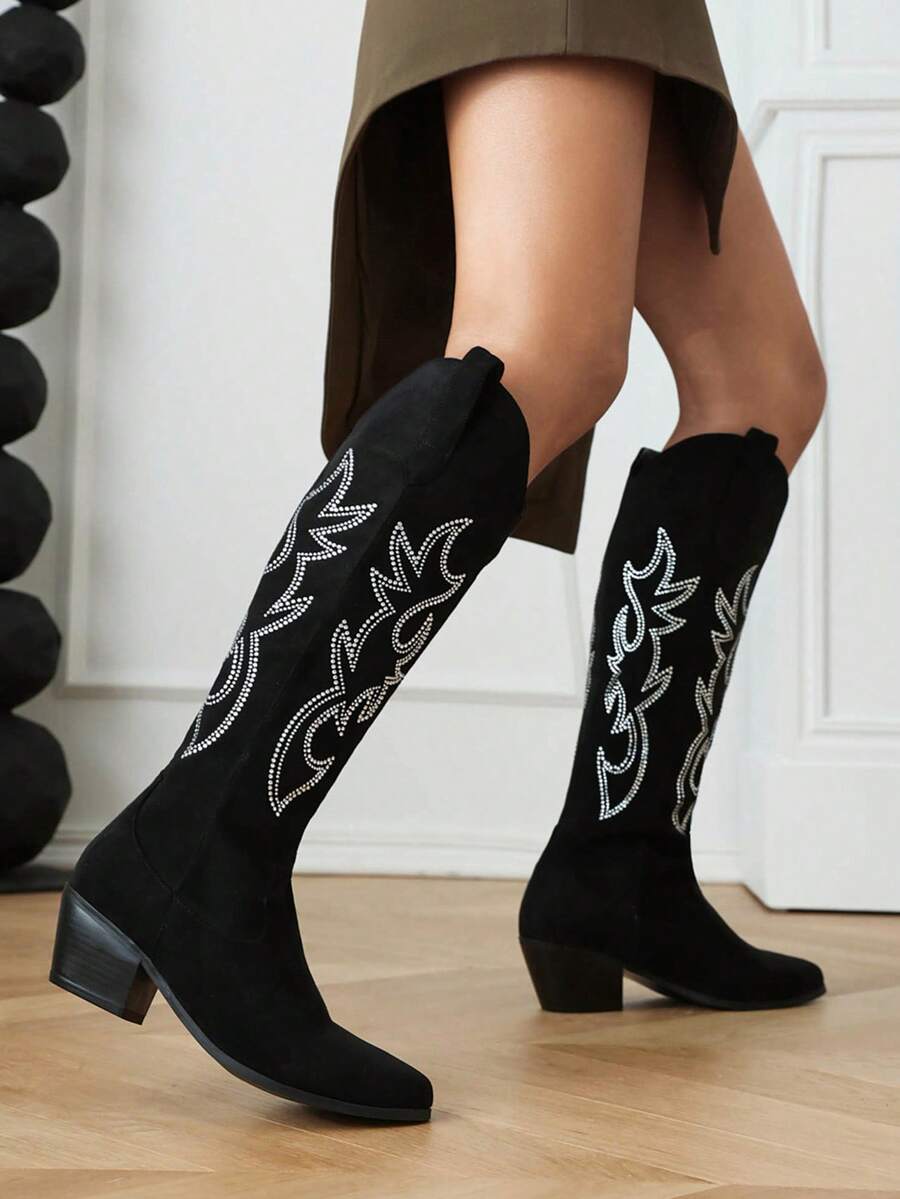 Women's High-Cut Rhinestone Western Boots High Heels, Cowboy Boots For Women - Black - View 1