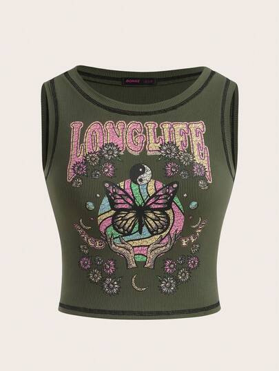 Camiseta de tirantes con gráfico de mariposa y letra con pespunte
