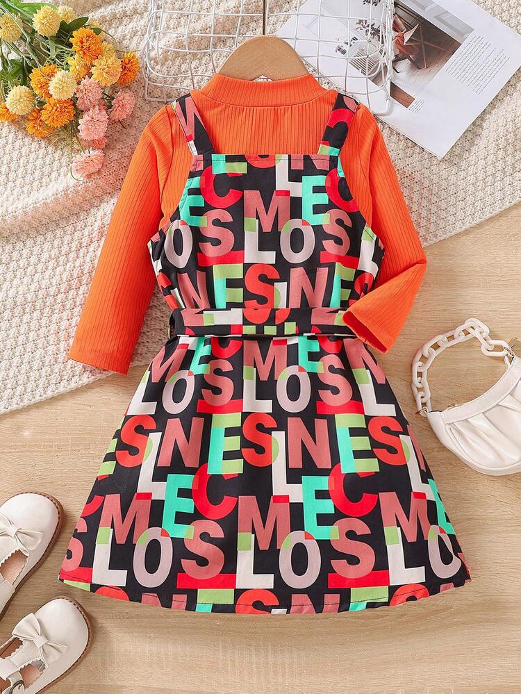 Young Girl Letter Graphic Overall Dress & Solid Tee