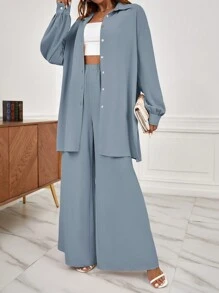 SHEIN Frenchy Conjunto de blusa de manga farol con lazo delantero y pantalones de pierna ancha, de unicolor, estilo casual y de oficina para mujer, primavera/otoño