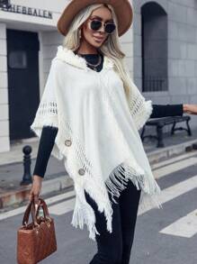 SHEIN Unity Poncho con diseño de botón ribete con fleco con capucha tejido - Beis - Ver 4