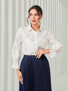 Mulvari Floral Print Flounce Sleeve Shirt - Purple - View 3