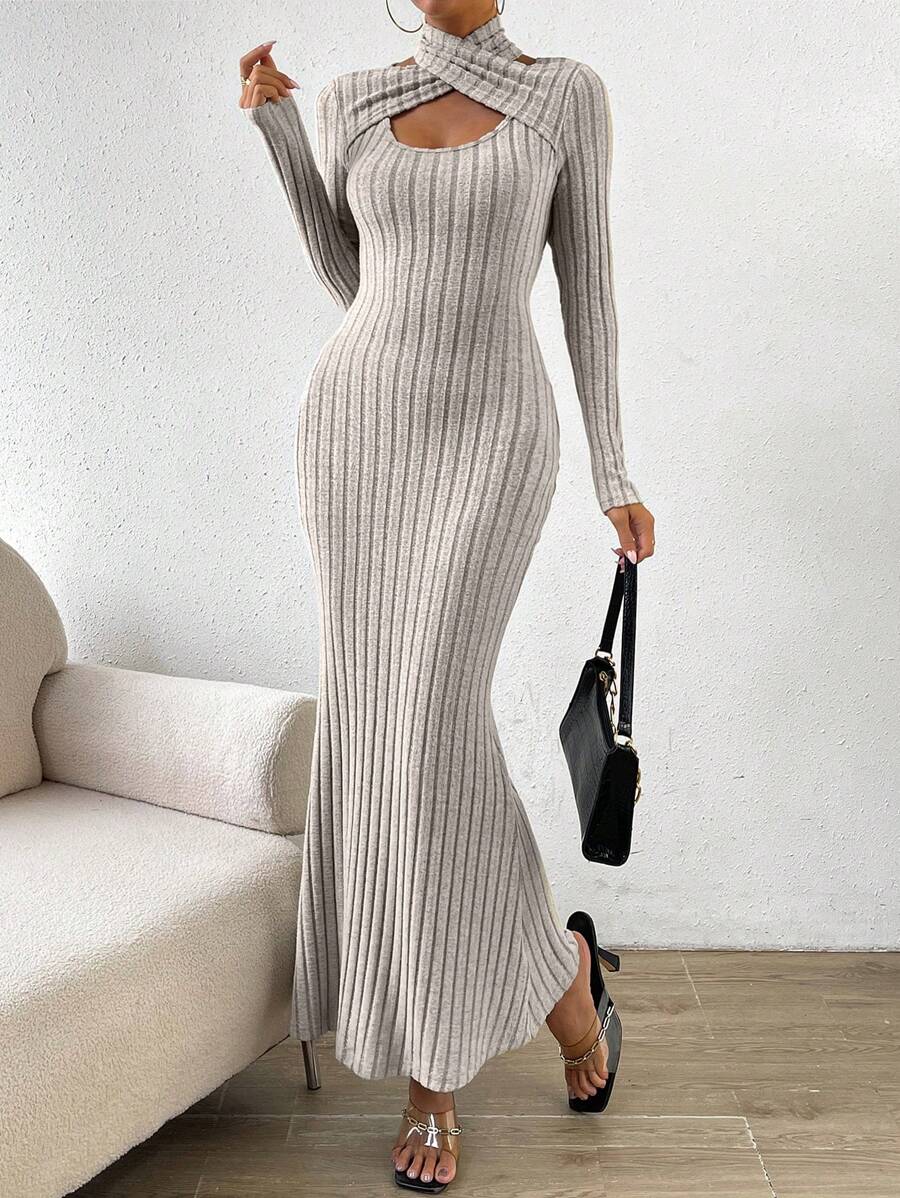 Chiquease Criss Cross Cut Out Front Mermaid Hem Ribbed Knit Dress - Apricot - View 1