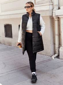 RueChic Plus Zip Up Puffer Vest Coat - Black - View 4