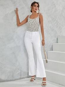 SHEIN LUNE Lace Up Front Flare Leg Jeans - White - View 5