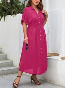 SHEIN Essnce 休閒前紐扣純色加大洋裝