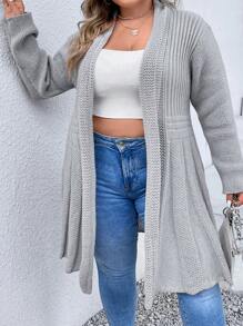 SHEIN LUNE Áo len cardigan thiết kế thường ngày màu trơn cỡ lớn - Xám - Xem 6