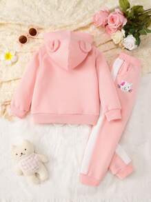 SHEIN Young Girl Embroidery Cartoon Pattern Raglan Sleeve Pullover & Sweatpants & 3D Ear Design Thermal Lined Hooded Jacket