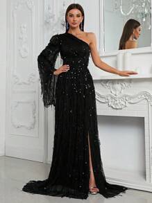 YISIKADO Asymmetrical Neck Split Thigh Sequin Formal Dress Black Elegant Long Sleeve Prom Evening Wedding Guest Gown, For Graduation, Dinner Party Dress - màu đen - Xem 1