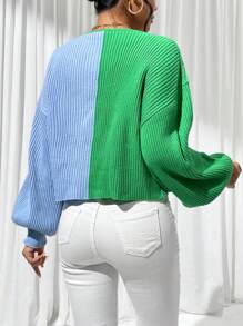 SHEIN Privé Two Tone Crossover Front Lantern Sleeve Crop Sweater - Green - View 2
