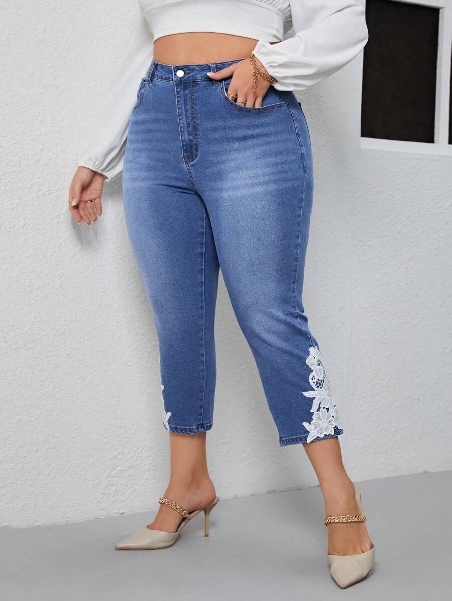 SHEIN LUNE Plus Floral Lace Skinny Jeans - Medium Wash - View 1