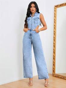 SHEIN Privé 腰部鏤空牛仔連身褲 - 淺色水洗藍 - 查看 4