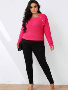 Celure Plus Button Detail Raglan Sleeve Sweater - Hot Pink - View 3