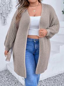 SHEIN CURVE+ 大碼落肩袖開襟開衫 - 卡其色 - 查看 6