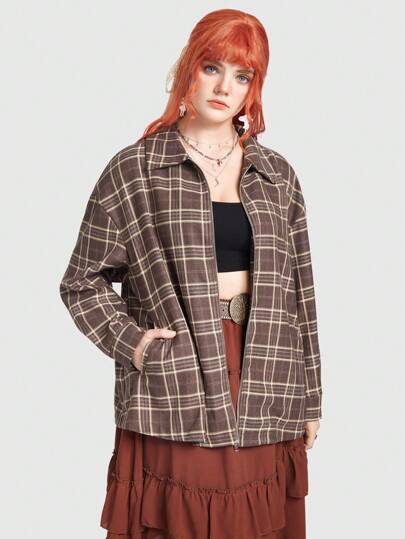 Fairycore Plus Plaid Print Drop Shoulder Coat