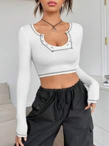 SHEIN EZwear 頂針缺口領短款T恤 - 白色 - 查看 1