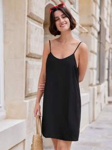 SHEIN Frenchy Backless Solid Cami Dress Summer Black - Black - View 5