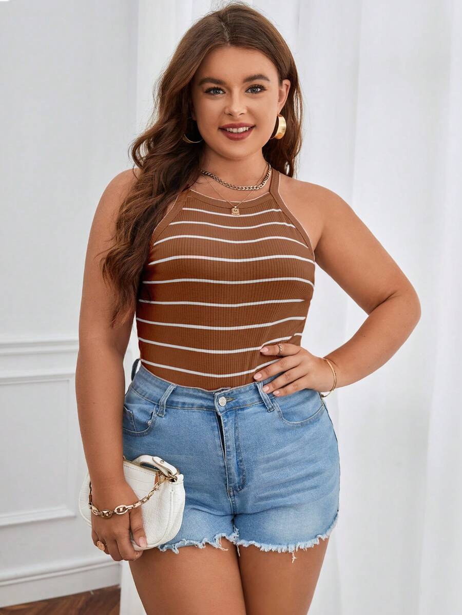 SHEIN Essnce Hơn In sọc Áo hai dây - màu nâu - Xem 1