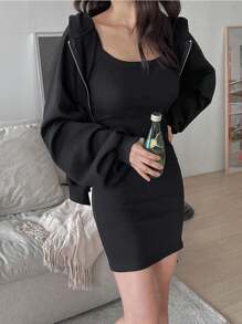 DAZY 纯色吊带紧身连衣裙（不带夹克）、迷你连衣裙、秋装 - 黑色 - 查看 3