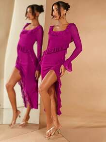 SHEIN BAE Ruffle Trim Flounce Sleeve Split Thigh Dress - Red Violet - View 5