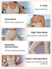 Easithlete 無縫高彈性瑜伽運動胸衣與緊身褲套裝，女士網球服裝 - 米色 - 查看 3