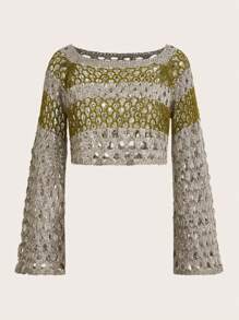 SHEIN ICON Hippie Hollow Out Crop Sweater Without Bra - Multicolor - View 2