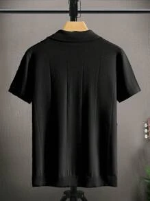 Men's Summer Thick Rib Knit Drawstring Textured Short Sleeve Polo Sweater - Black - View 2